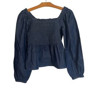 J. Crew Puff-Sleeve Chambray Smocked Top Dark Blue Denim Prairie Cottagecore S